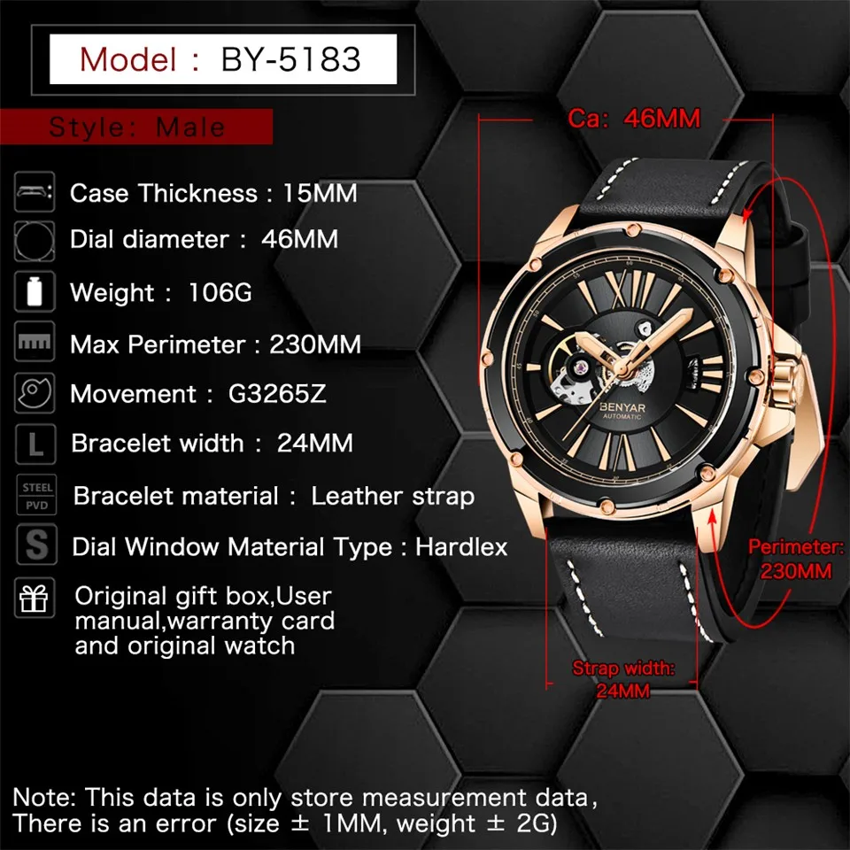 Benyar For Mens Watch Skeleton Stainless Steel Automatic Wristwatch Mechanical Auto Date Luminous Hands Waterproof Reloj Hombre