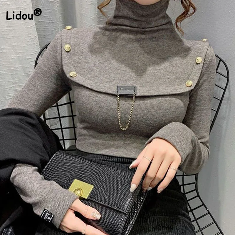 Autumn Winter Fashion All-match Turtleneck Solid Color Tops Women\'s Clothing Korean Slim Lady Button Spliced Long Sleeve T-shirt