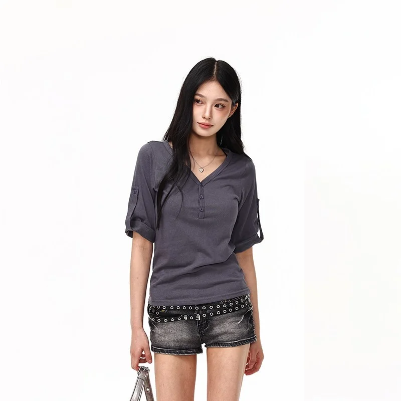 Slim Fit American Style V-Neck Half Sleeve T-Shirt Women's Autumn New Design Open Door Design Spicy Girl Polyester Fiber