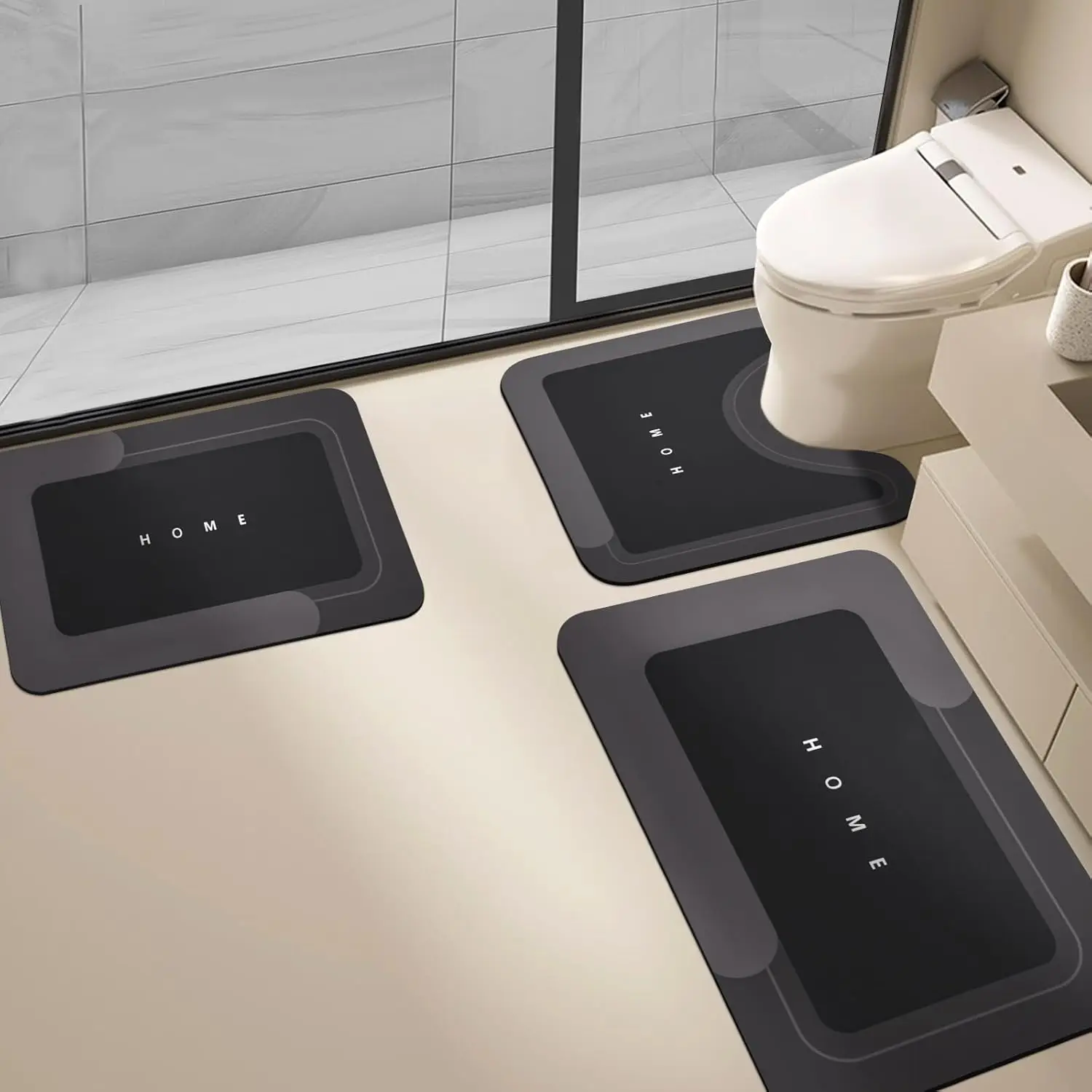 

3PCS Quick-Dry Non-Slip Bath Mat Set for Bathroom Kitchen, Black (16.9''x23.6''+19.7''x23.6''+19.7''x31.9'')