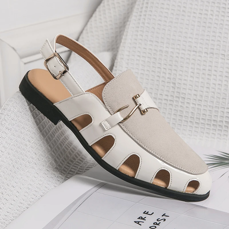 

Summer Men Classic Sandals Black and White Breathable Hollow Buckle Formal Sandals British Handmade Sanda Size 38-46 Men Sandals