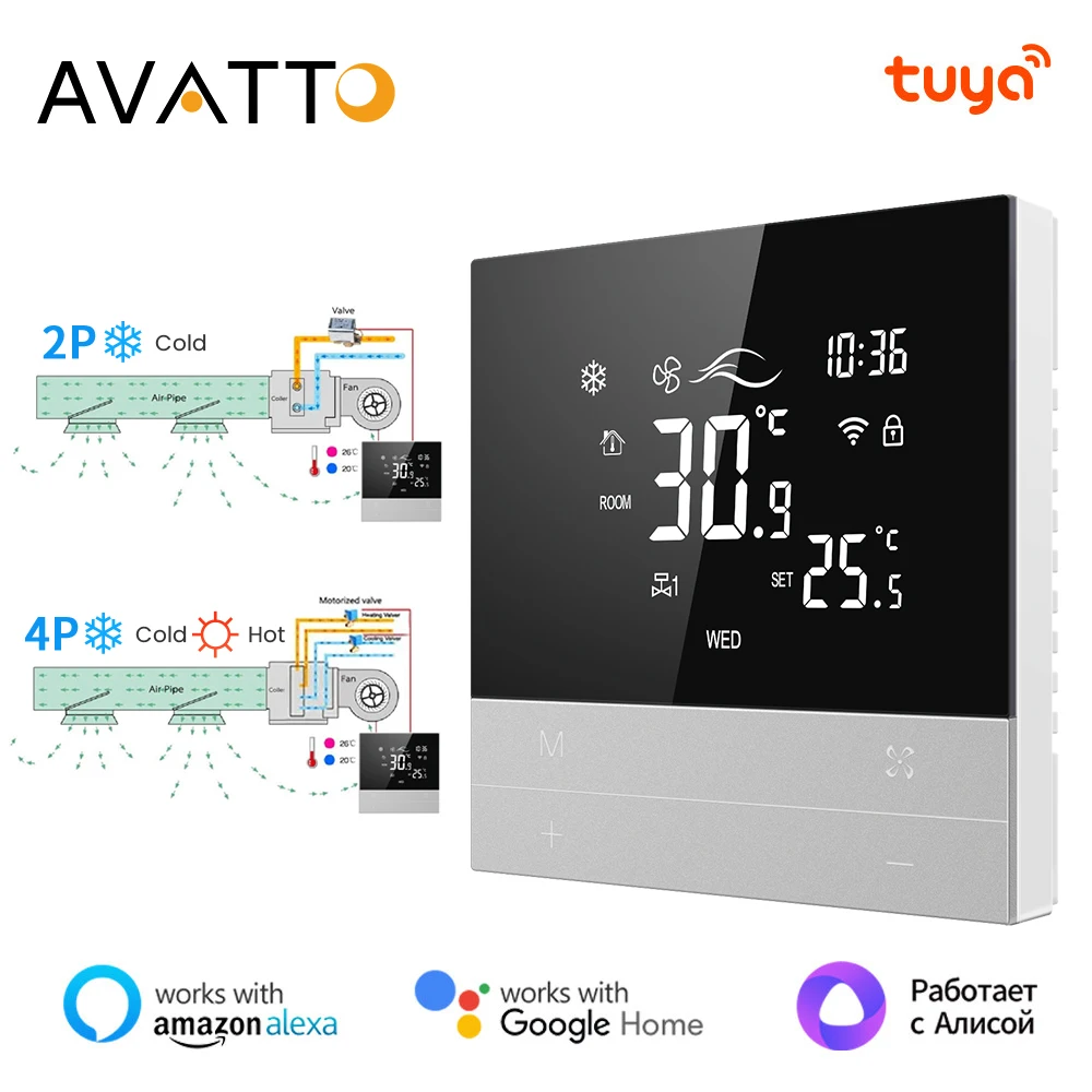 

AVATTO Tuya Wi-Fi умный термостат центрального кондиционирования, обогрев и охлаждение, 3-скоростной вентилятор, поддержка Alexa Google Home