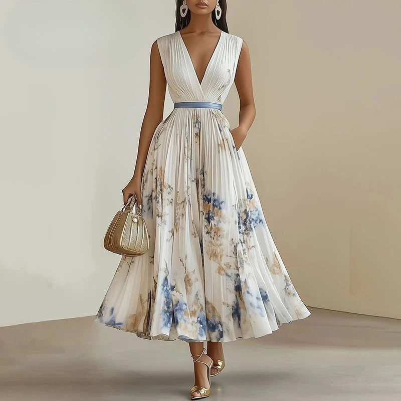 Sexy Deep V Neck High Waist Pleated Dresses Woman Spring Floral Print Hollow A-Line Long Dress Summer Sleeveless Boho Maxi Dress