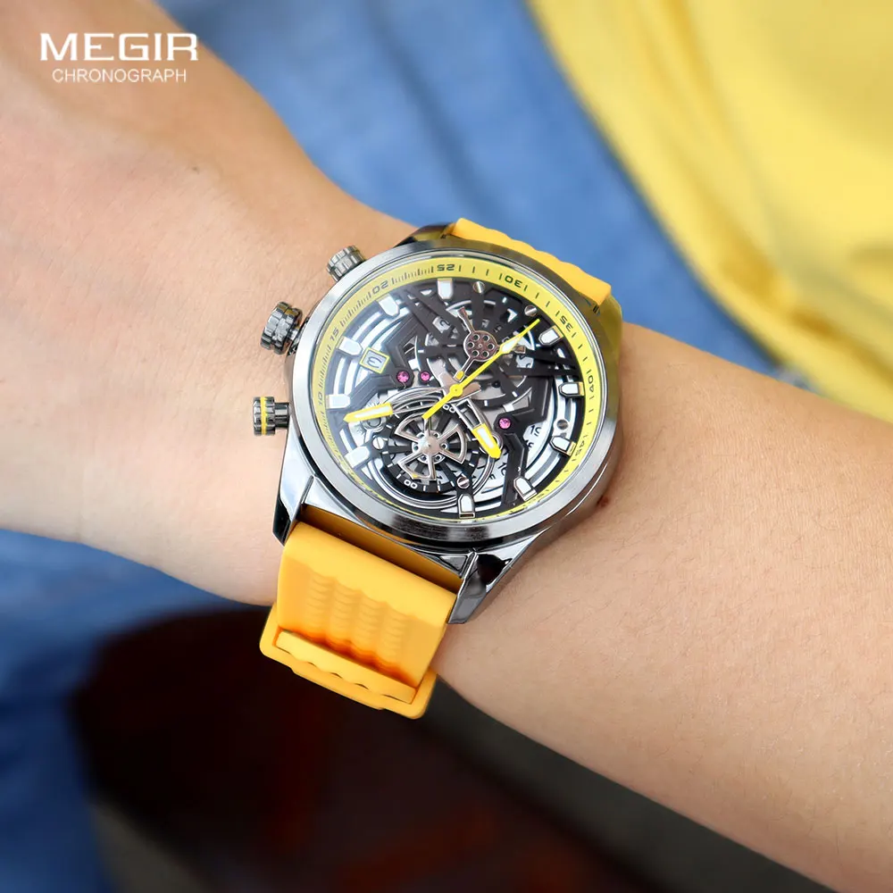 Fashion Megir Brand Chronograph Quartz Men Waterproof Yellow Silicone Strap Sport Wrist Watch With Luminous Hands Auto Date 2235