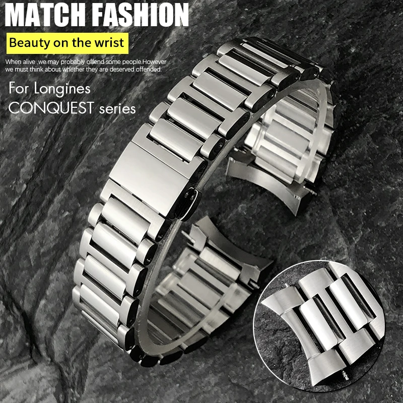 

21mm Stainless Steel Bracelets Metal Watch Strap for 41mm L3 Longines Conquest L3.830 Silver Curved End Solid Watchband Tools