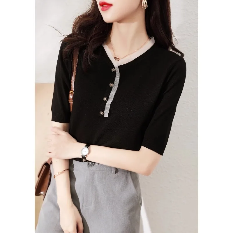 

ice silk knitted short sleeve female V-neck gauze thin T-shirt with a new version of thin cotton linen half-sleeve top