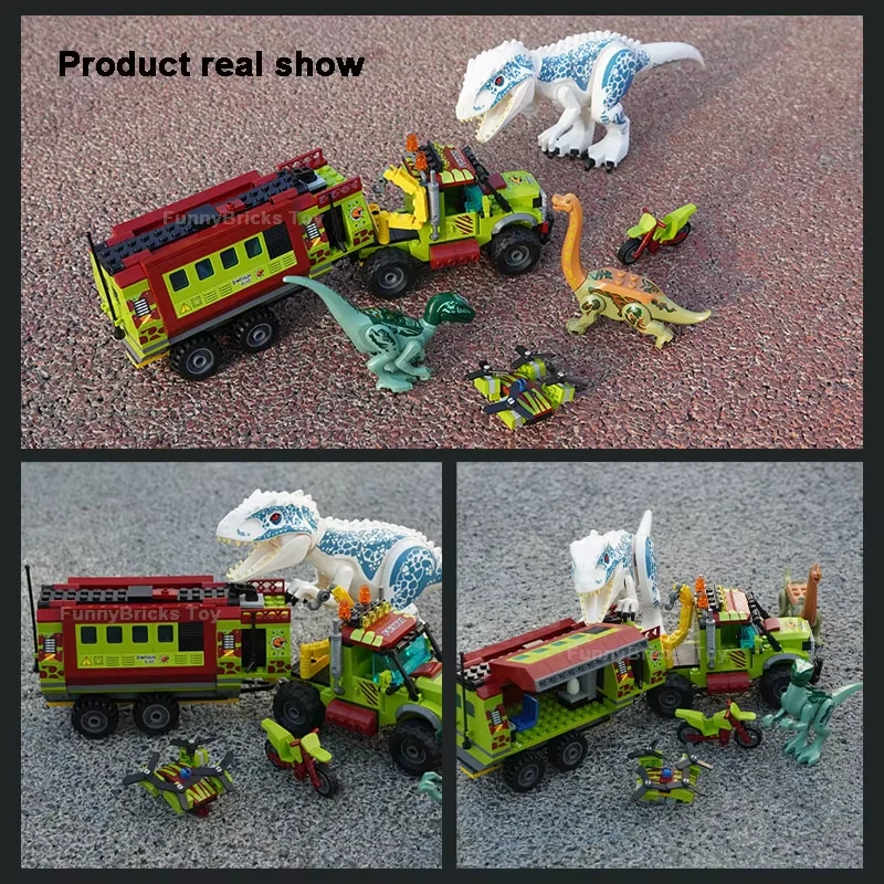 2025 جديد الديناصور الجوراسي مغامرة العالم اللبنات عدة ، فريق إكسبيديشن T. ريكس شاحنة نقل أرقام الطوب لتقوم بها بنفسك لعبة هدية