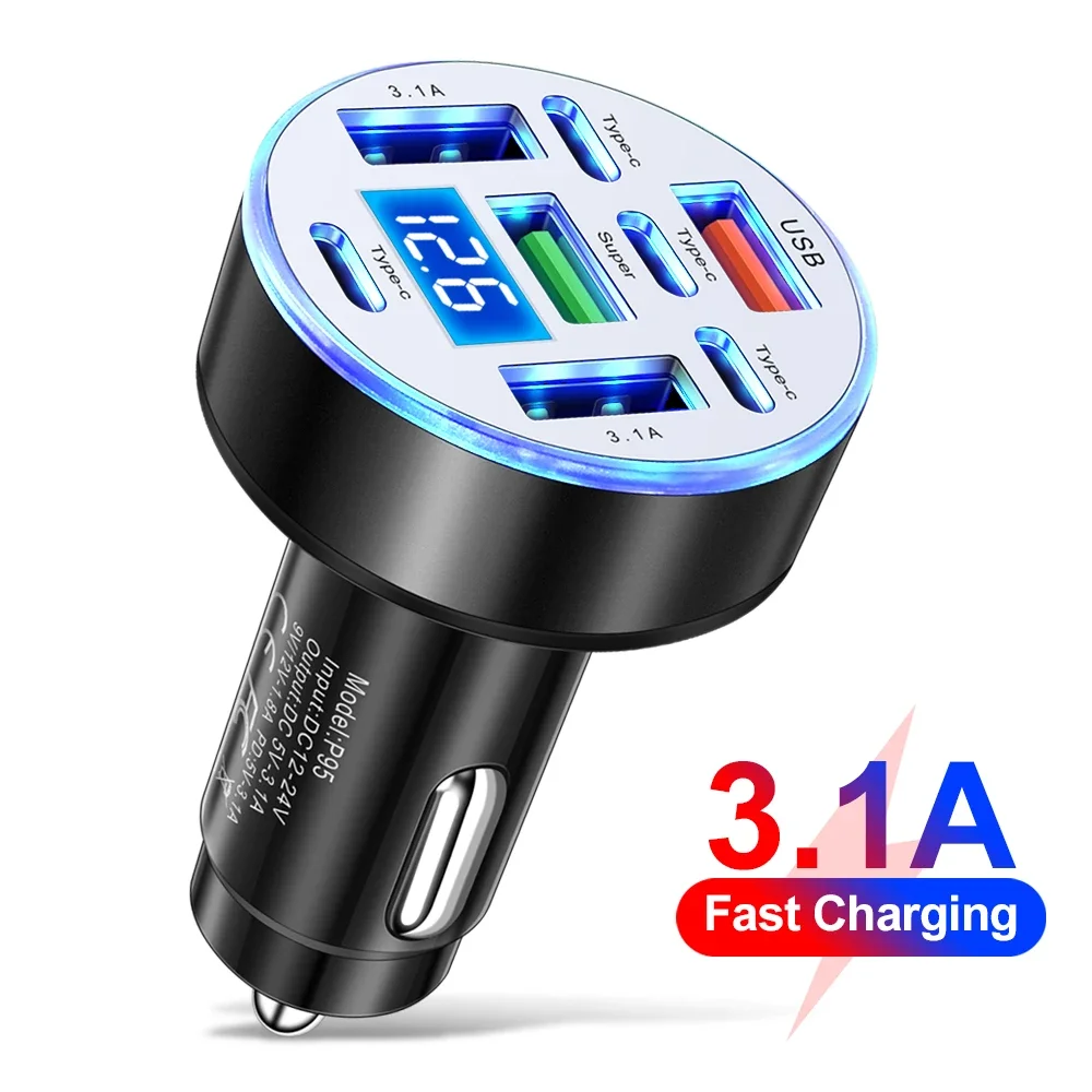 

8 Ports 120W Car Charger Fast Charging Digital Display USB Type C Car Phone Charger Adapter for iphone samsung huawei xiaomi