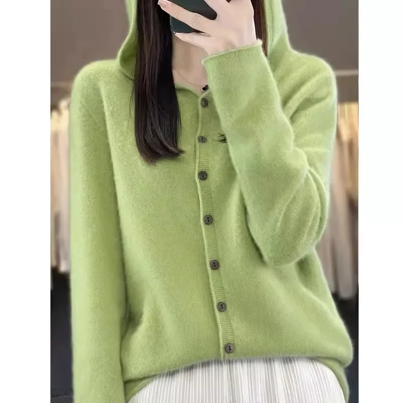 Women's Sweaters 100% Merino Wool Knitted Cardigan Autumn And Winter Hoodie Loose Sweater Fashionable Versatile Coat Top