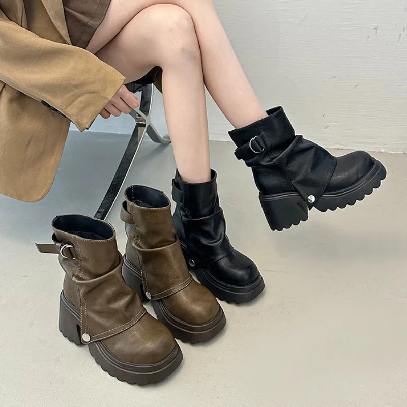 

Sleeve Booties Fashion Round Toe Platform Metal Buckle Anti-Slip Wear-Resistant High Heels