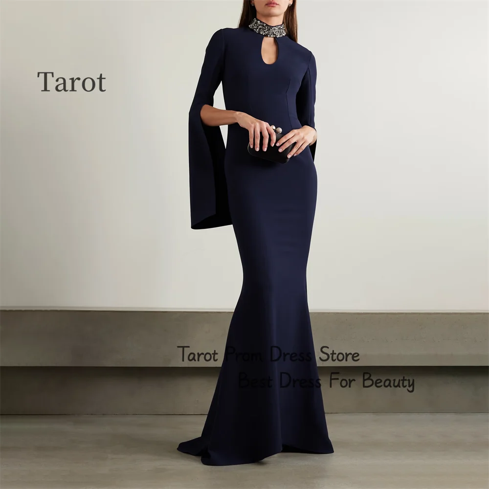 

Tarot Charming Mermaid Prom Dresses High Beading Neck Long Simple Crystal Split Sleeves Birthday Party Gowns robes de soirée