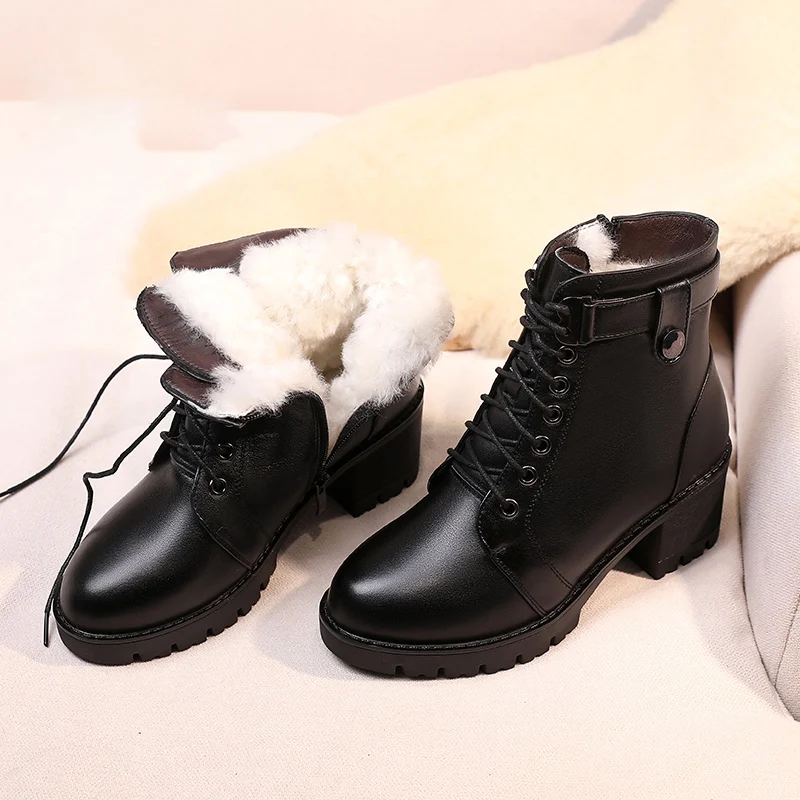 

Women's Ankle Boots Real Leather 2024 Winter New Women's Wool Boots Mid-heel Non-slip Fashion Warm Ladies Boots