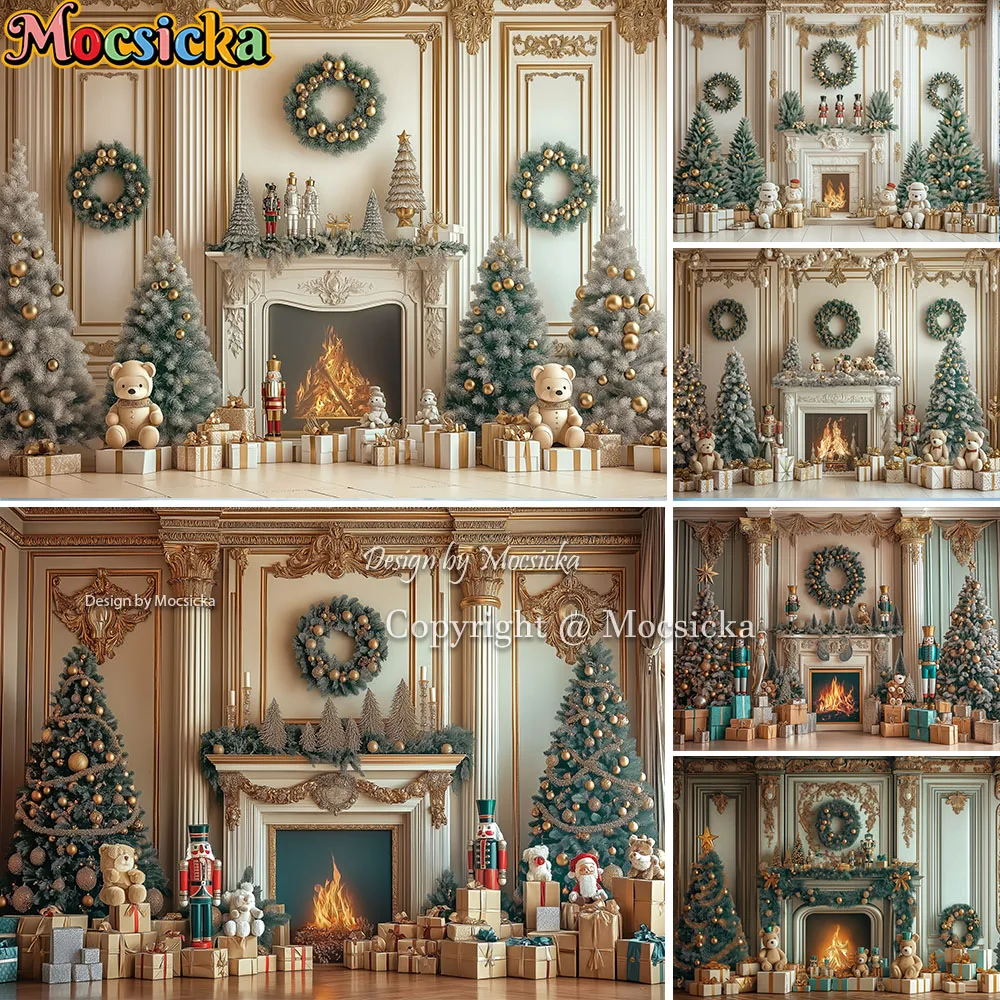 Mocsicka Ruang Natal Perapian Putih Latar Belakang Fotografi Pohon Natal Nutcracker Hadiah Mainan Latar Belakang Dinding Musim Dingin Anak Photobooth
