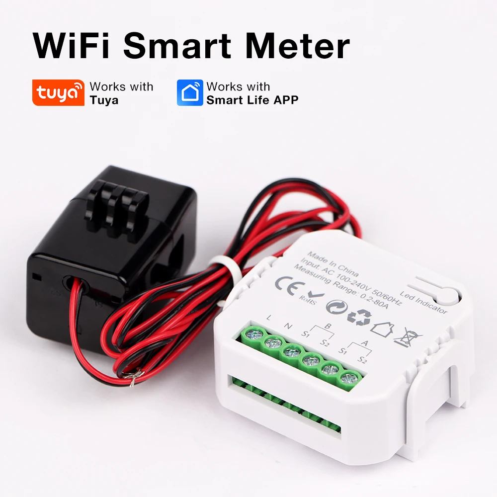 WiFi Tuya Smart Life Digital Energy Meter 80A with CT Clamp Sensor App Real-time Monitor Consumption Bidirectional Measurement