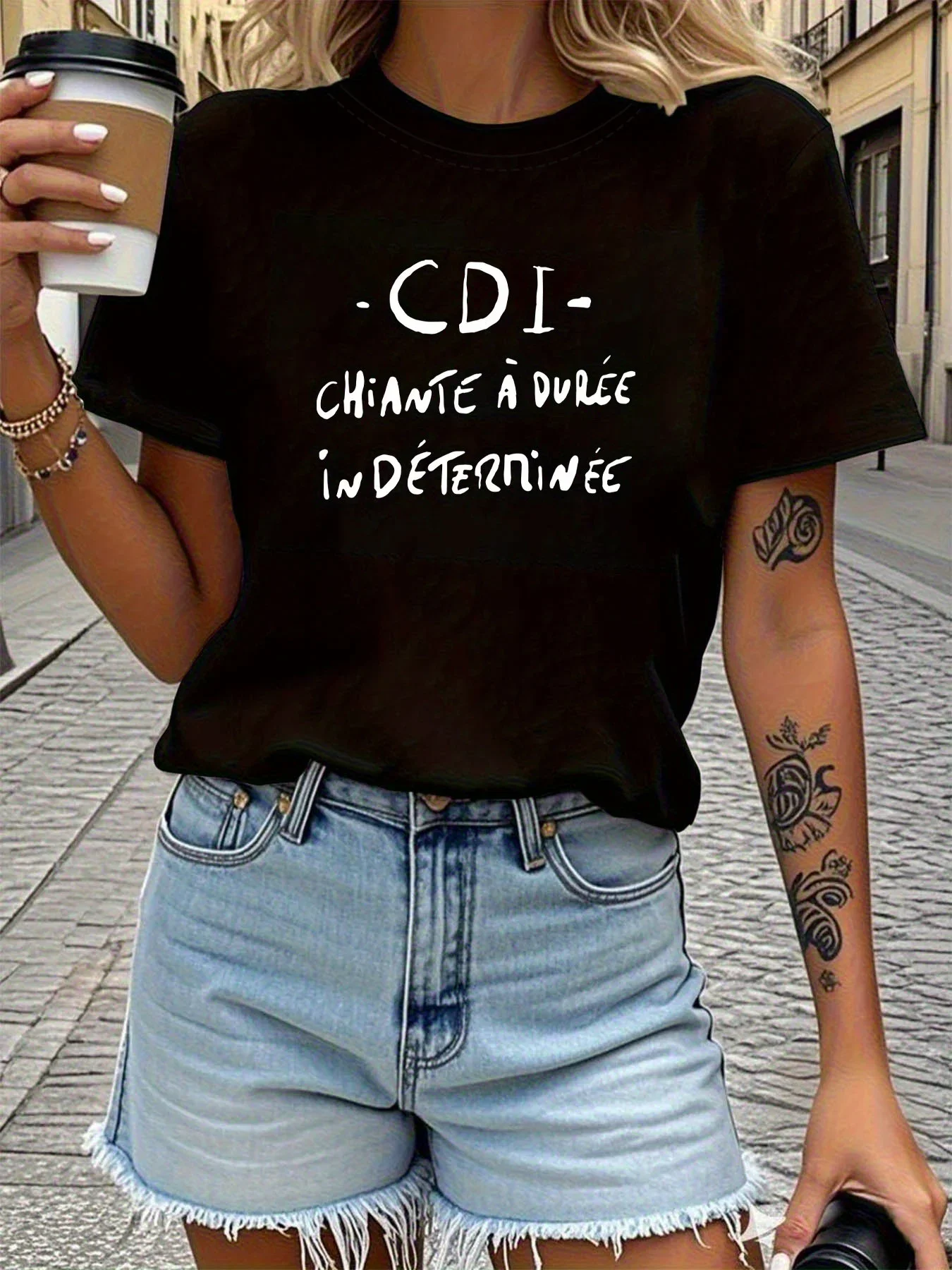 Women's T-shirt Short Sleeve CDI CHIANTE À DURÉE INDÉTERMINÉE French Letter Print Crew Neck Casual Top For Summer Spring