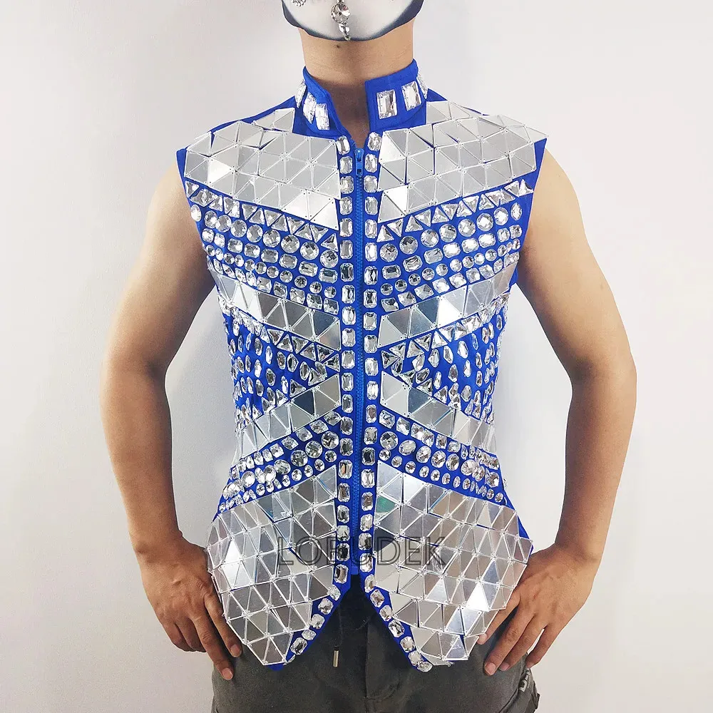 

Shining Mirror Rhinestones Waistcoat Black Blue Sequin Crystal Vest Coat Male DJ Singer Bar Concert Stage Performance Costume