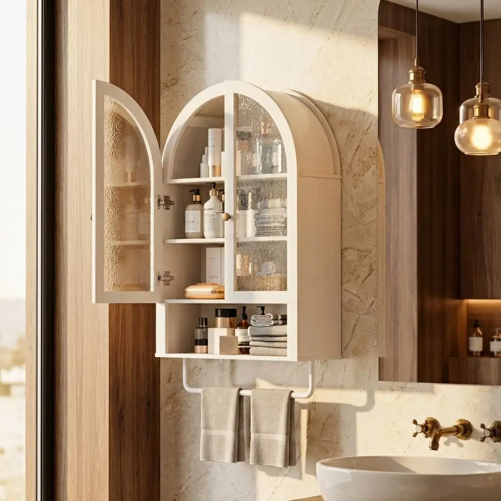 

Large Storage Bathroom Wall Medicine Cabinet Adjustable Wood Shelf Kitchen Living Room Antique White Customized