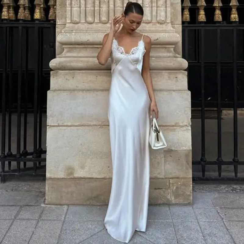 

Ticketsx Women's Lace Backless Dress White Elegant V Neck Patchwork Sleeveless Sling Dress Summer New Luxury Party Evening Dress