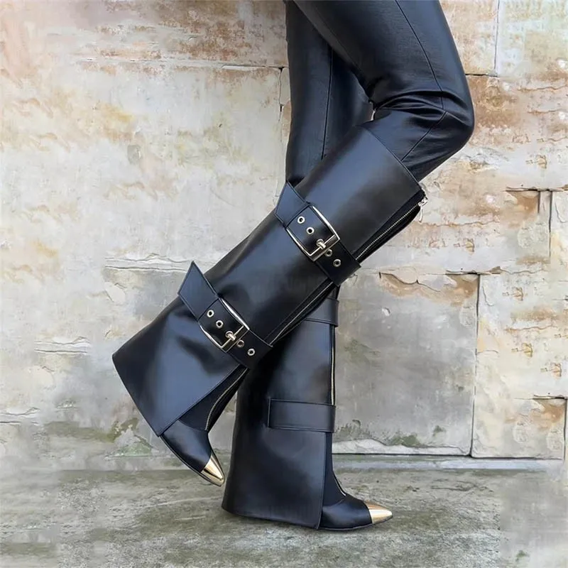 

Autumn Winter Women Pointed Toe Boots for Woman's Buckle Strap Metal Decoration Zipper-Sid Knee High Boots Ladies Stiletto Shoes