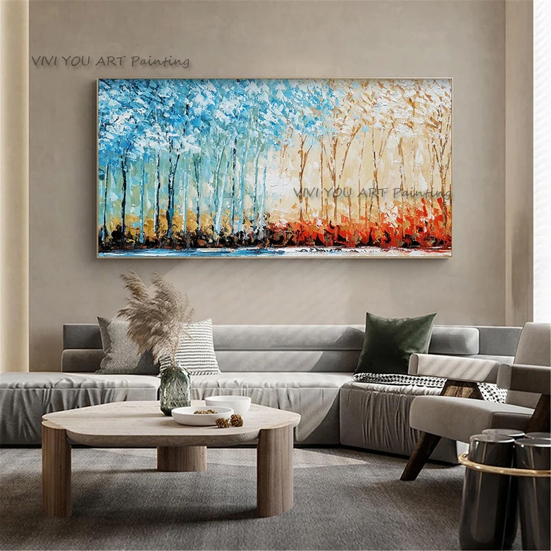 2023Handpainted Forest Oil Painting Knife Wall Art Picture Thick Blue Mural Picture for Living Room Decor Brush Tree Wall Decor