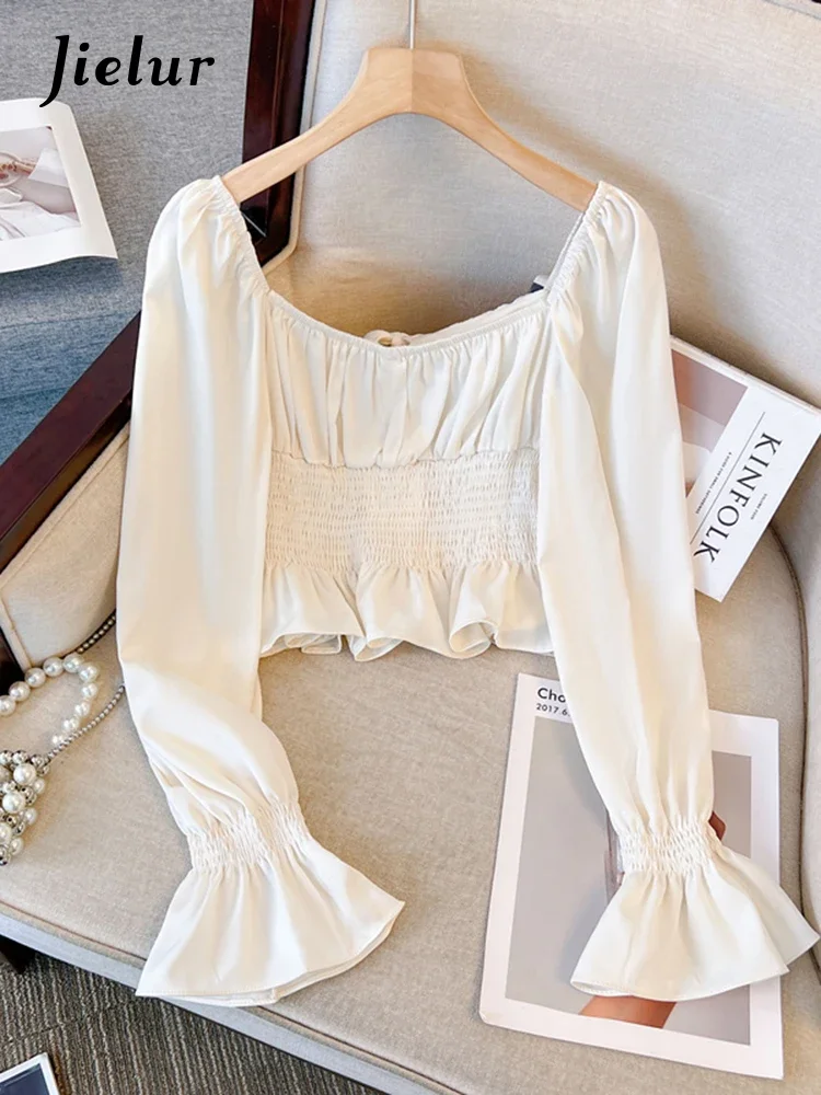 Jielur Summer New French Solid Color Women Blouse Sweet Elegant Slim Waist Blouse Woman Beige White Pink Slim Long-Sleeved Top