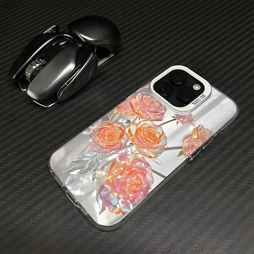 ファンシーでカラフルなガラス調ローズ柄iPhoneケース (iPhone 16、15、14、13、12、11、Mini、Pro、MAX対応) ホワイトマット耐衝撃カバー