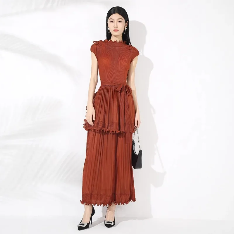 Miyake Pleated Cross Border New Solid Color Ruffle Neck Plus Size Women's Dresses Africa Middle East Plus Size Prom Dresses