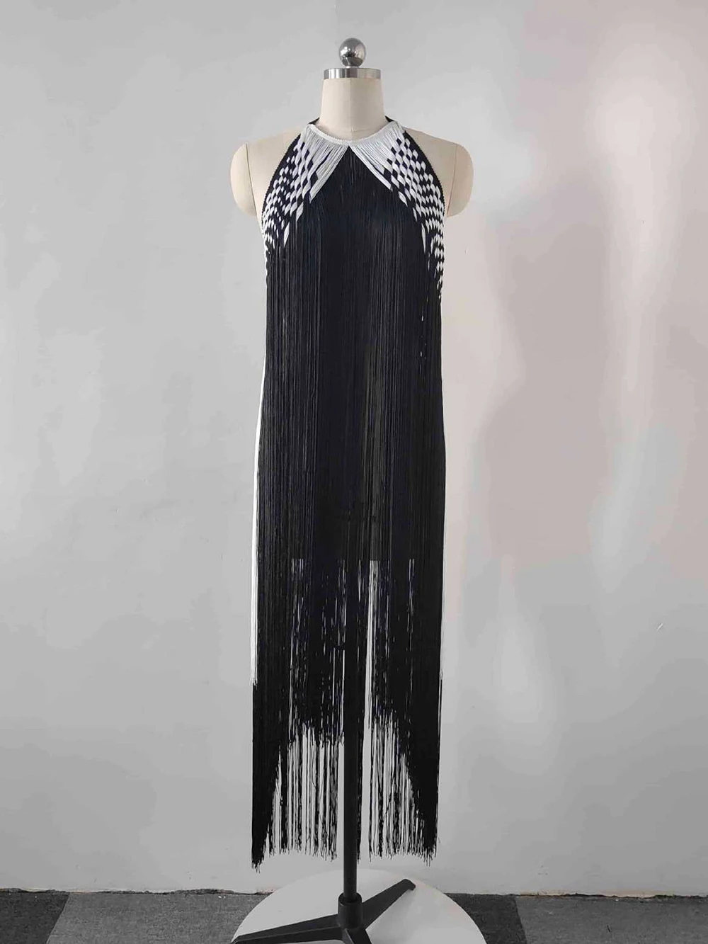 Modphy 2026 Black White Contrasting Tassel Woven Design Long Dress For Women Sleeveless Sexy Backless Perspective Fringe Dress