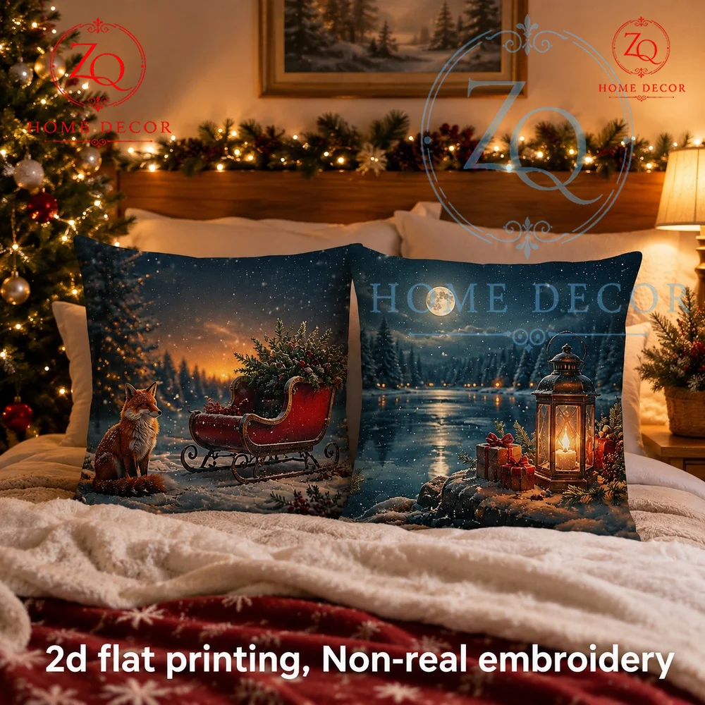 Cozy Winter Fox  Sleigh Christmas Throw Pillow Cover Rustic Night Scene Decorative Cushion Case  Holiday Home Decoration