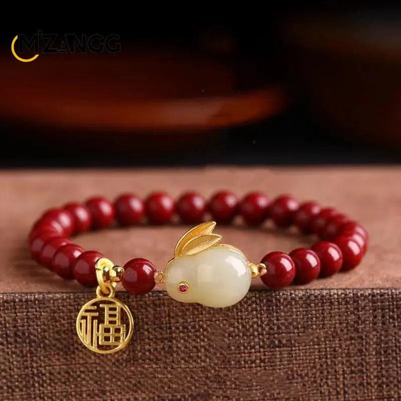 Natural Red Vermilion Jade Rabbit Bracelet Inlaid with Hetian Jade Rabbit Round 8mm Beads String Fashion Jewelry Lady Mom Gift