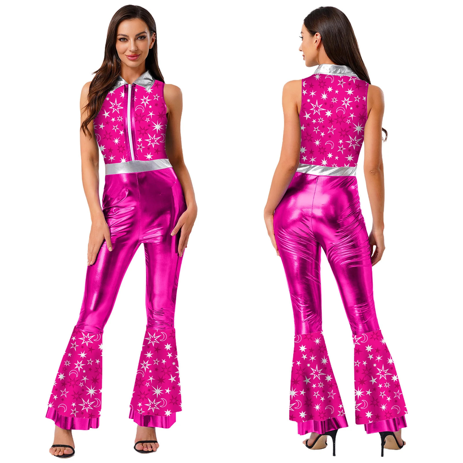 

Groovy 70s Disco Jumpsuit for Women Metallic Bell Bottom Romper with Tiered Flare Pants Retro Club Rock Jazz Dance Party Outfit