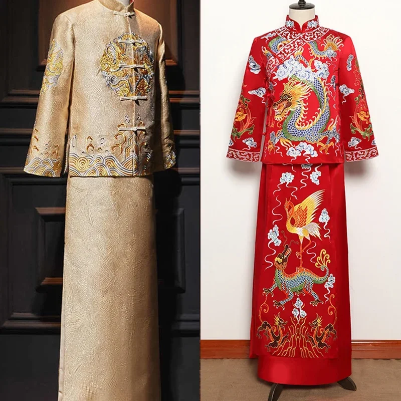 

Red Long Sleeve Groom Toast Clothing Chinese Groom wedding Dragon Robe Men Jubilant Costume Tang Suit Wedding Traditional Gown