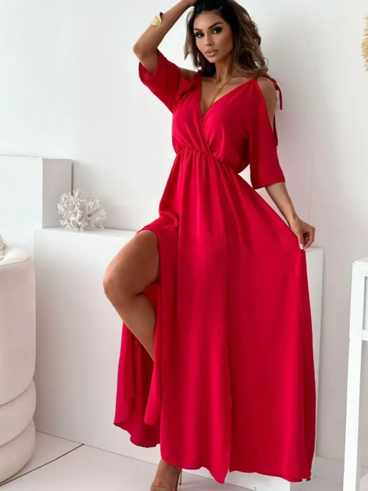 

Summer V-neck High Slit Dress Off-shoulder Sleeves Sexy Spaghetti Strap Dress Fashion Elegant Loose Party Dresses Robe Femme