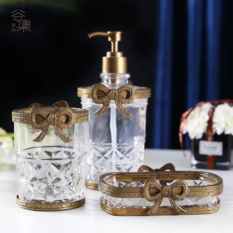 

European bathroom toiletries set, luxury retro glass copper bathroom, toilet, sink storage three-piece set