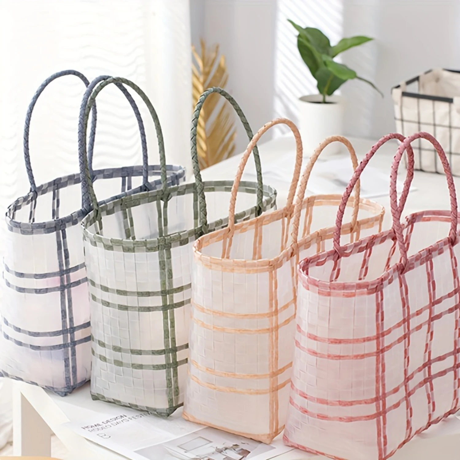Woven Vegetable Basket Bag, Large Capacity PVC Tote Summer Beach Bag For Women Daily/Travel Use