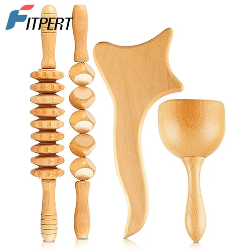 Imagen 1 del producto Herramientas de masaje terapéutico de madera 4 en 1, masajeador anticelulítico, Kit de madera para aliviar el dolor muscular para dar forma y esculpir el cuerpo