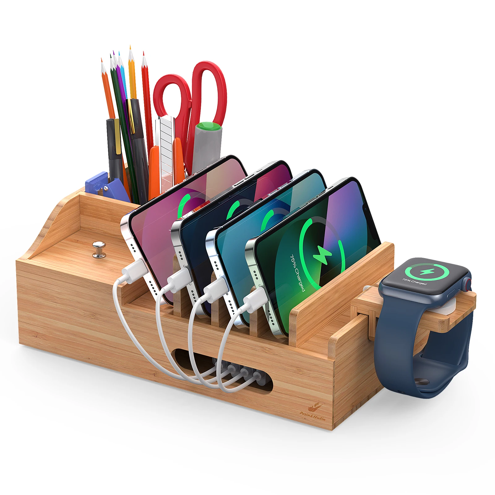 Bamboo Charging Station for Multiple Devices Desktop Organizer for Phones Tablet Wooden Docking Stations