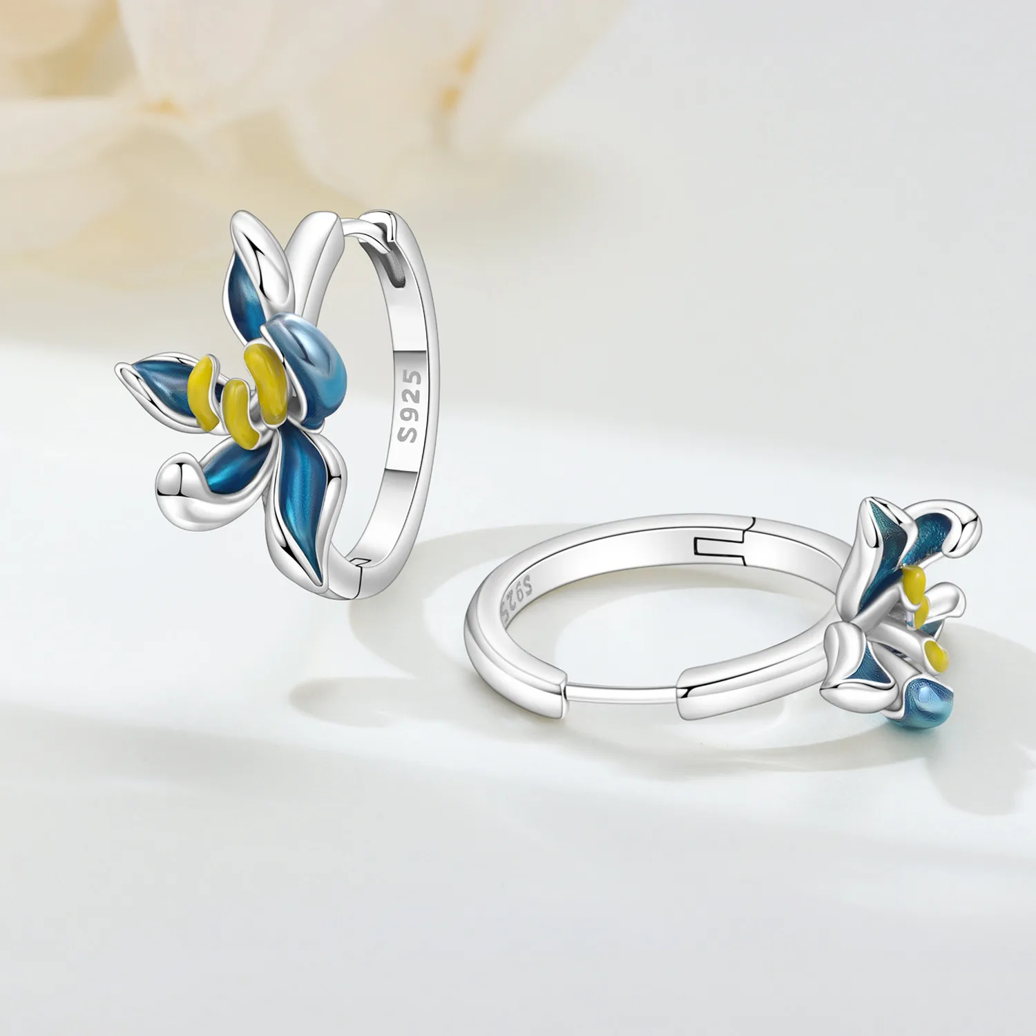PANPOKI الأصلي 925 فضة الأزرق زهرة الأوركيد أقراط المرأة هوب القرط الذكرى مجوهرات هدايا العصرية #4