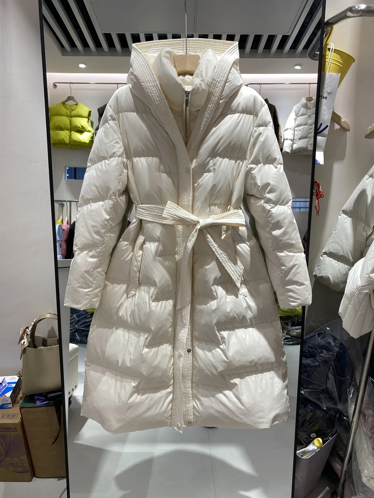 Winter Women with Belt Knee Over Thick Down Jacket 90White Duck Down Coat Lady Hooded Zipper Long Outwear Casual Warm Solid Coat