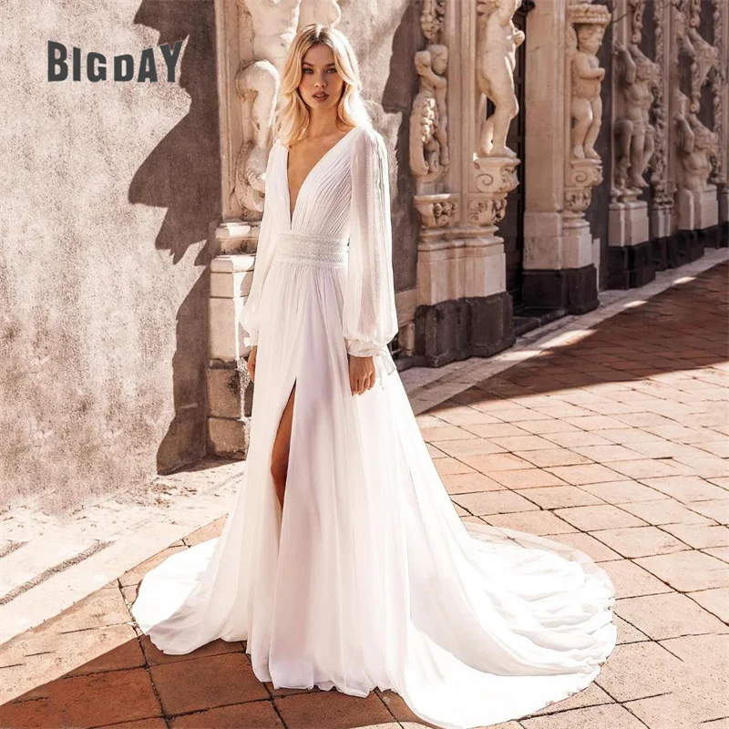 

Elegant A-Line Wedding Dress Women Open Back Long Puff Sleeve V-Neck Side Split Chiffon Bridal Gown Sweep Train Vestido De Noiva