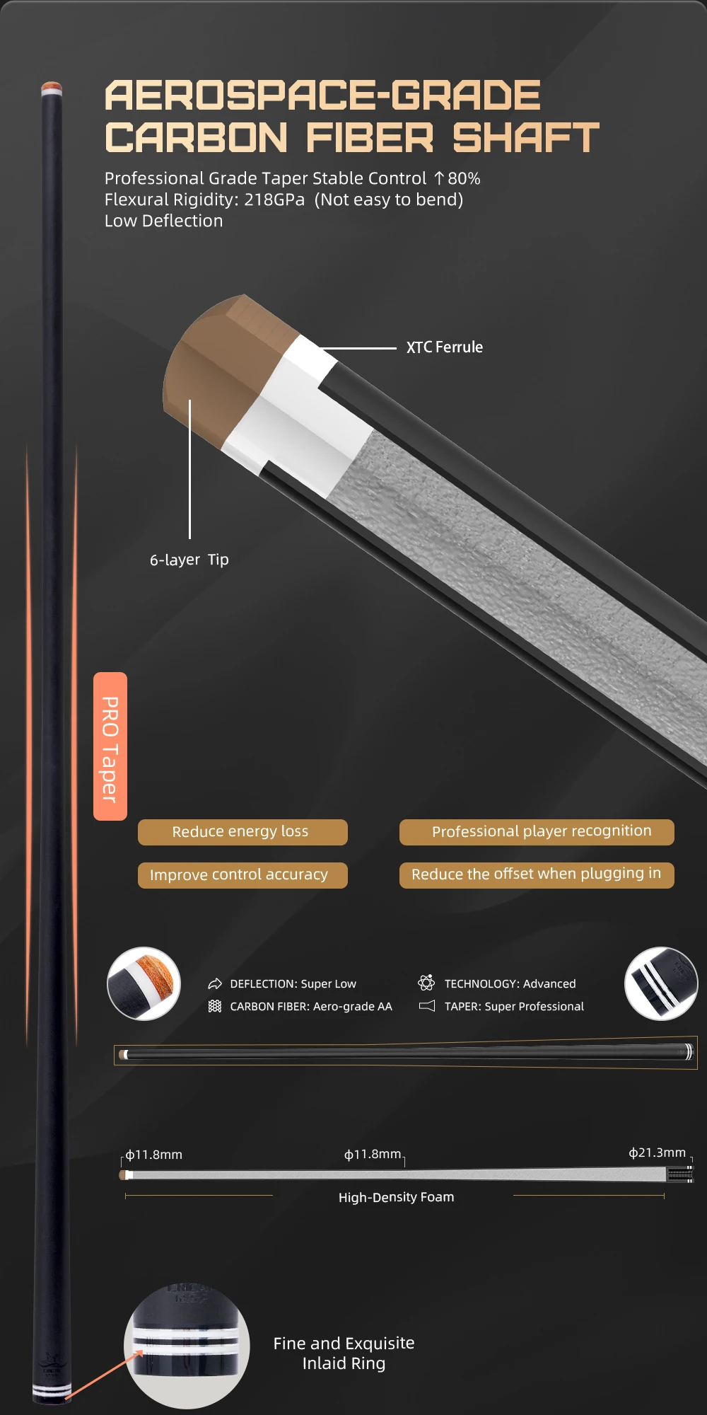 Carbonfaser-Billardqueue mit geringer Ablenkung, professioneller 12,5-mm-Spitzengröße, 3/8x8-Gelenk, Lederummantelung, 58 Zoll, 19-20 Unzen, Billard-CRICAL – Detail 5