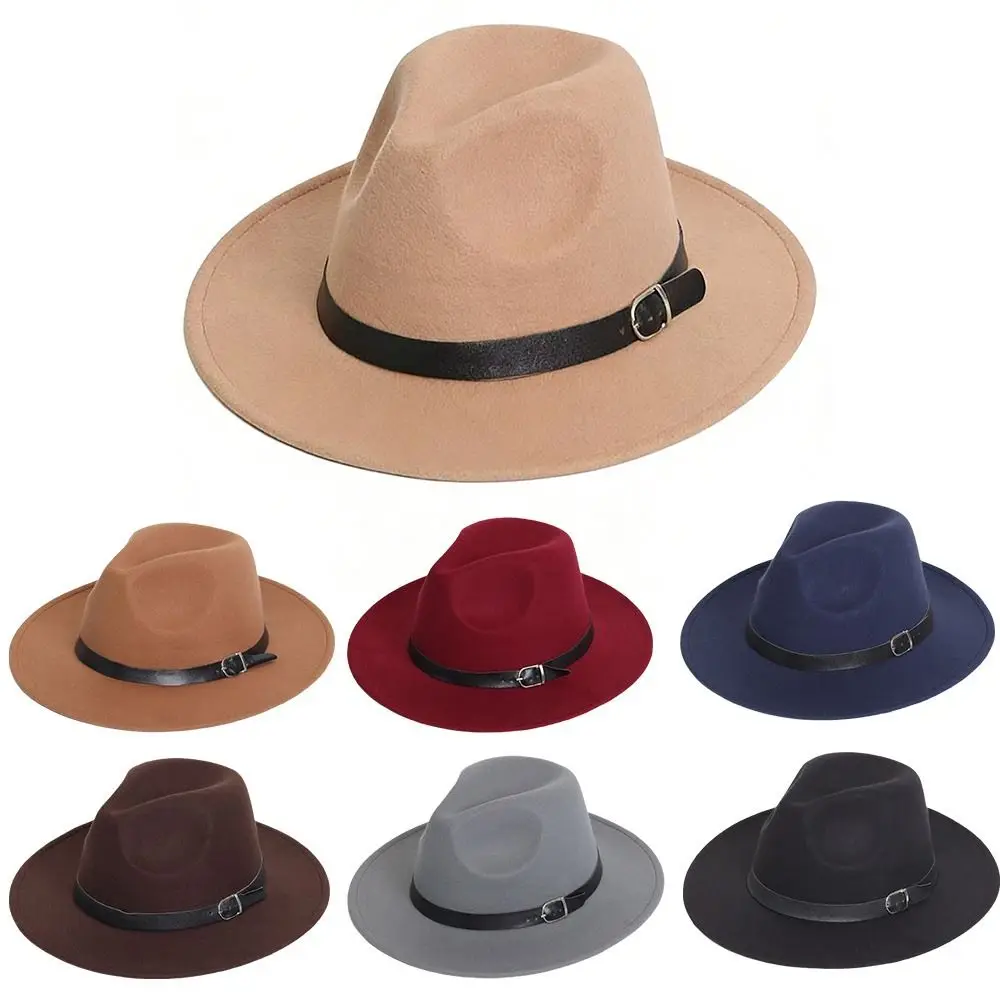 Vintage Classic Wide Brim Fedora Hat with Belt Soft Felt British Style Felt Hat Panama Top Hat Stage Performance