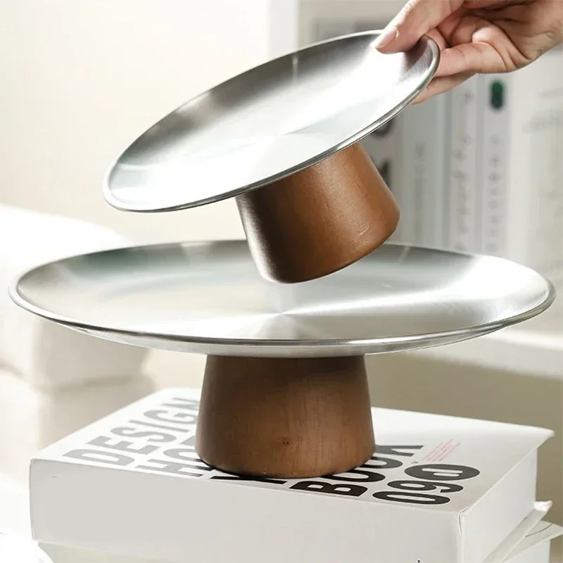 

Steel Table Plates Dinnerware Kitchen Fruit Bowl with Wooden Base Partitioned Candy Bread Cake Dessert Trays Tableware