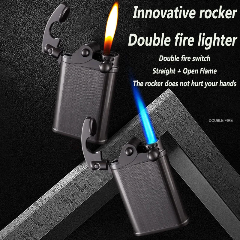 Metal Gas Lighter Creative Cigarette Lighter Double Fire Windproof Rocker Soft Fire Plus Straight Fire Cigar Butane Lighter