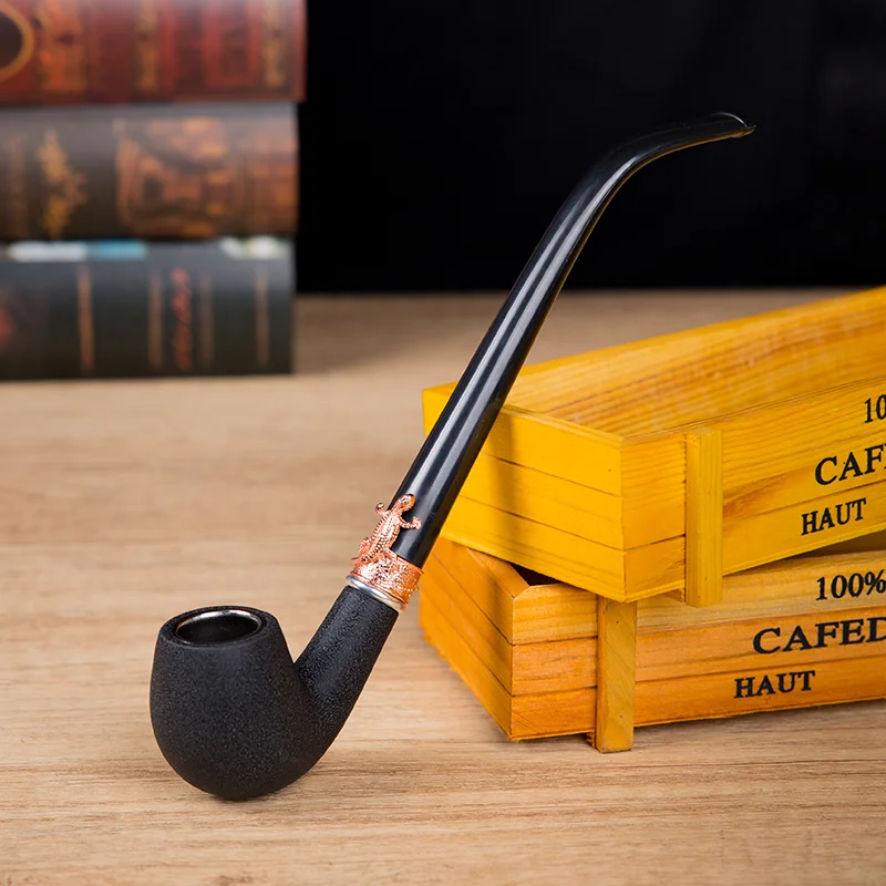 Classic Long Smoking Pipe with Decorative Ring, Smoking Accessories,Tobacco Pipe,Bent Resin Wood Tube, Gift for Father, 3 Colors