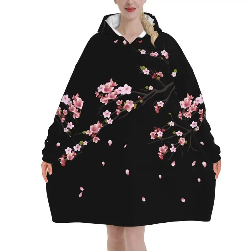Japanese Sakura Cherry Blossoms Black Blanket Hoodie Women Oversized Wearable Pullover Sweatshirt Fleece Sherpa Hooded Blanket
