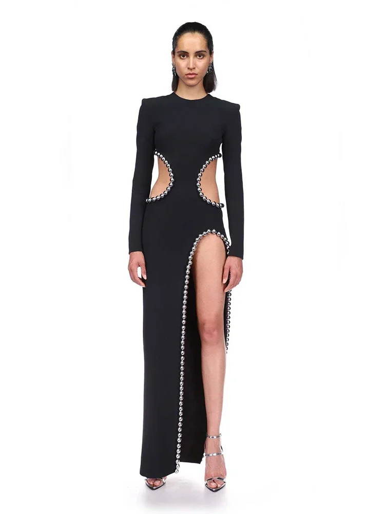 

Sexy O Neck Hollow Out Long Sleeve Bandage Dress Elegant Black Beading High Slit Cutout Long Bodycon Dress Evening Party Club