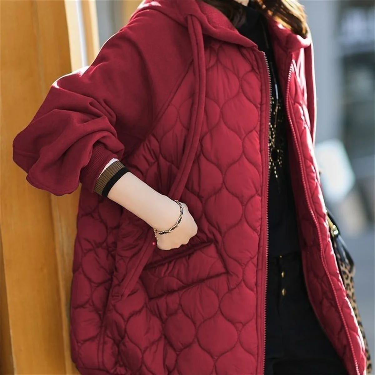 

Hooded Patchwork Down Cotton Jacket Plus Size Loose Fashion Pocket Chic Long Sleeve Thin Clothes Vintage Women's Outerwear 2026