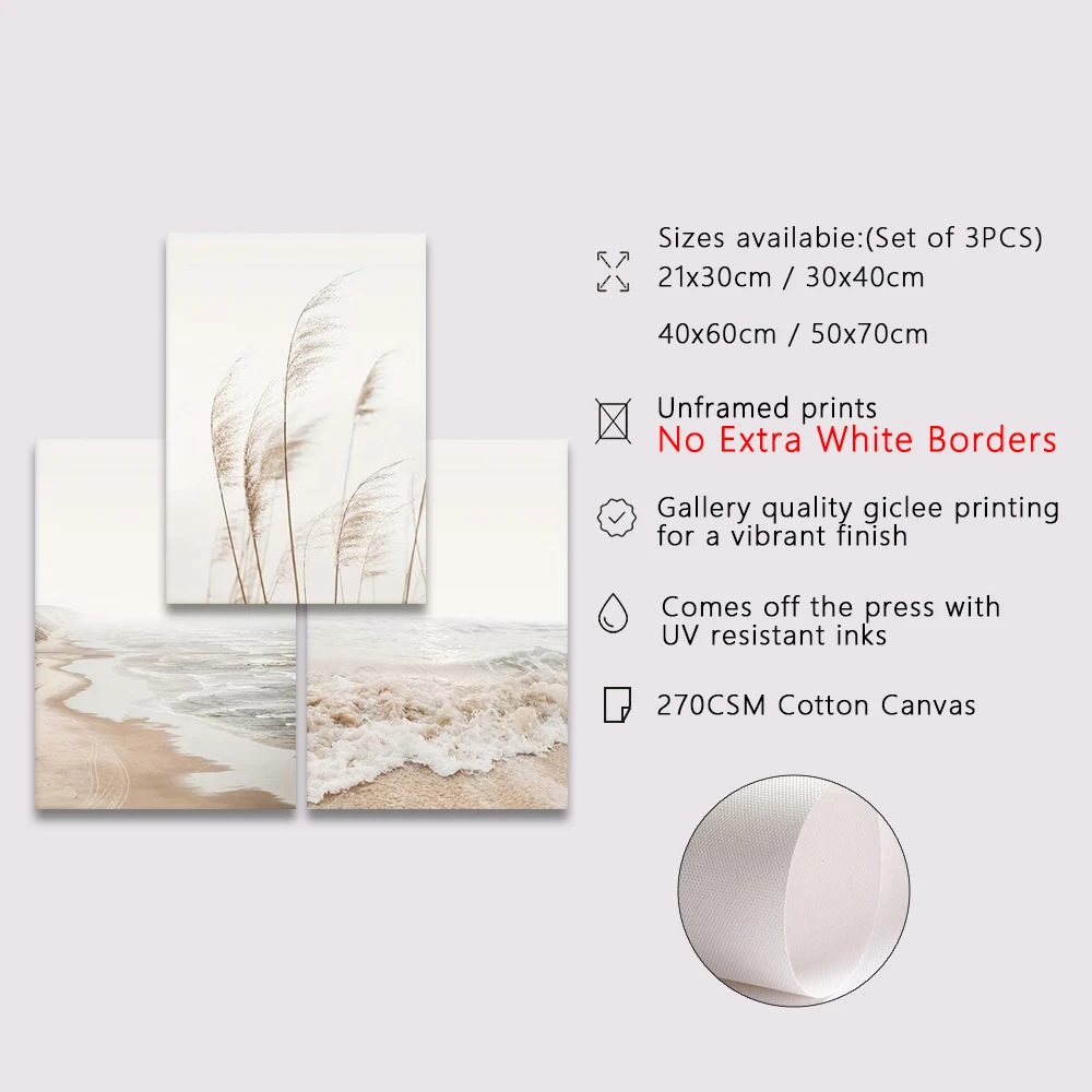 3PCS White Seascape Canvas Painting Nordic Sea Beach Pampas Botanical Grass Pictures Living Room Kitchen Wall Art Decor Poster