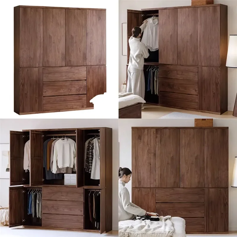 for North American Black Walnut Wardrobe Modern Simple Swing Door Bedroom Large Capacity Locker Nordic Solid Wood Storage